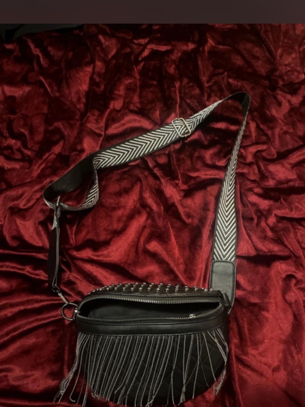 Black Fringe Crossbody Bag with Patterned Strap